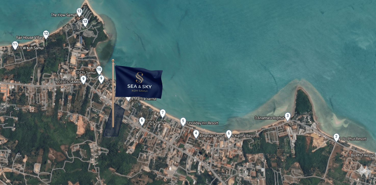 Sea & Sky sur une carte satellite de Bo Phut avec les hôtels environnants